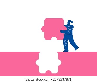 Woman standing with holding puzzle in hands putting in jigsaw. Colorful vector illustration