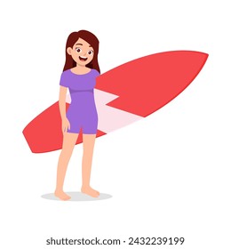 woman standing holding surf board and feel happy