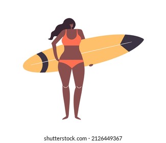 Woman standing and holding surfboard. A flat vector cartoon illustration isolated on a white background.