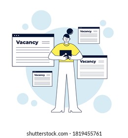Woman standing and holding the tablet with an open web pages with vacancies behind. Concept of job search. Flat style vector design illustration.
