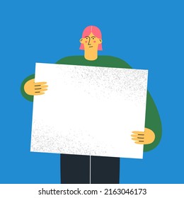 Woman standing and holding white banner. Meeting, protest, demonstration concept. Vector illustration