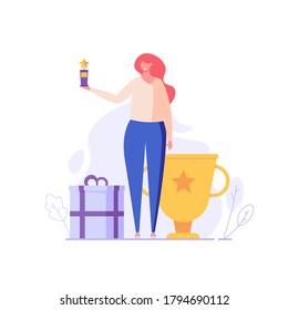 Woman standing and holding winner cup. Reward program and receiving rewards. Concept of earn reward loyalty, bonus, business award. Vector illustration for UI, mobile app