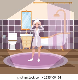 Woman Standing In The Hotel Bathroom After The Shower. Luxury Furniture Inside. Clean Toilet And Bath, Mirror And Sink. Vector Illustration In Cartoon Style