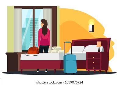 Woman standing at hotel room. Girl looking out window with bags and luggage on bed and floor. Happy holiday vacation vector illustration. People staying at modern hotel with view on city.