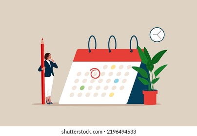 Woman standing with huge calendar and holds big red pencil. Time management. Planning concept. Vector illustration.