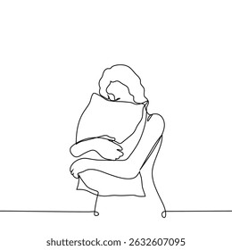 woman standing hugging and holding pillow - one line art vector. concept sleep problems, insomnia, lack of sleep, insomnia. Handmade vector not AI