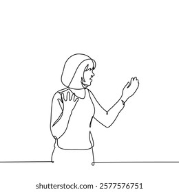 woman standing indignant or shocked with open mouth and raised hands - one line art vector. Handmade vector not Ai