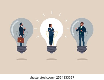 Mulher de pé dentro de lâmpadas de ideia. Criatividade para ajudar a ver oportunidades de negócios, visão para descobrir novas soluções ou ideias, buscando o sucesso. Inteligência e ideias inovadoras pensando mulher