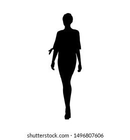 Woman Standing, Isolated Vector Silhouette. Slim Body, High Heels, Short Hair, Long Legs. Young Adult Lady