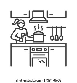 Woman is standing in kitchen and preparing black line icon. Home interior. Indoor view of room with cutlery, furniture. Vector isolated illustration. Editable stroke.