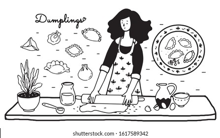 Woman standing in the kitchen, rolling cake for dumpling. Vector illustration of set of dumpling and woman character in the kitchen. 