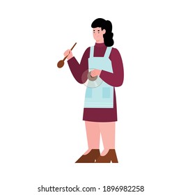 Woman standing with kitchen spoon in hands, flat cartoon vector illustration isolated on white background. Young woman cooking food a character for culinary show.