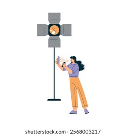 Woman Standing at Lamp with Megaphone at Shooting Film Movie Production Scene Vector Illustration