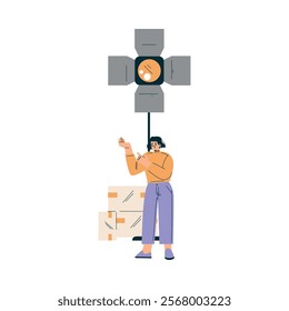 Woman Standing at Lamp at Shooting Film Movie Production Scene Vector Illustration