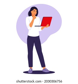 Woman standing with laptop. Office worker, remote job concept. Vector illustration. Flat.