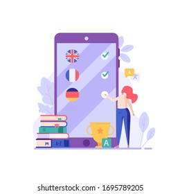 Woman standing and learning foreign languages with mobile phone. Female student chooses different languages. Concept of learning languages, translation service.  Vector illustration in flat design