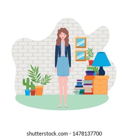 woman standing in the living room with books