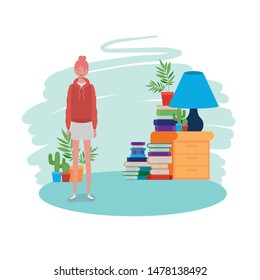 woman standing in the living room with books