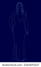 Woman is standing in a long dress. The dress is blue and has a long train. The woman is wearing a black jacket and is holding her hand up. The image has a mood of elegance and sophistication