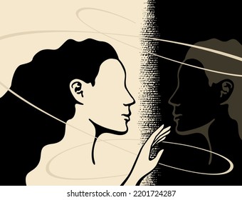Woman standing and looking at her reflection in a mirror. Self-confidence and self-awareness concept. Vector illustration