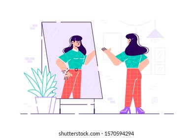 Woman standing and looking in mirror. Flat style vector illustration. Young long-haired woman standing in front of mirror and looking at reflection. Beautiful girl dressing up. Female modern cartoon