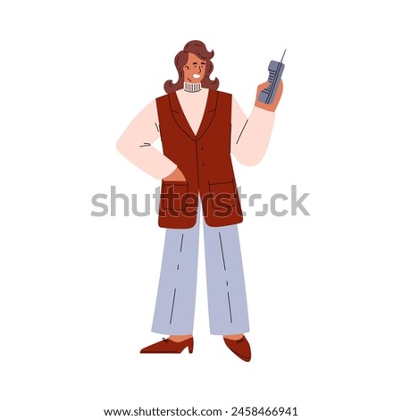 Woman standing and looking at the retro button cell phone. Female using vintage mobile gadget, obsolete telecommunications technologies device. Cartoon vector X generation character isolated