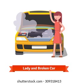 Woman Standing And Looking Under The Hood Of Her Broken Car Covered With Steam And Smoke. Flat Style Vector Illustration Isolated On White Background.
