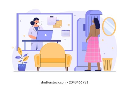 Woman standing at mammography machine. Doctor examines health of mammary glands of female character. Diagnosis and treatment. Cartoon modern flat vector illustration isolated on white background