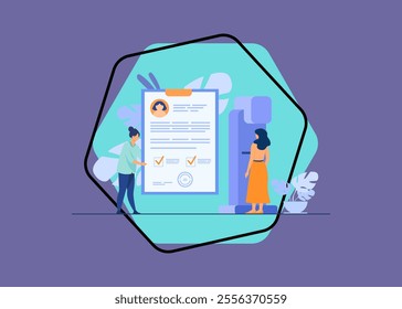 Woman standing at mammography machine for examination and disease diagnosis. Doctor holding patients medical report. Vector illustration for breast cancer prevention or medical technology concept