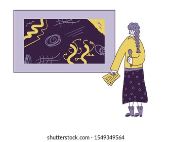 Woman standing with microphone. Girls with mike in full length standing near abstract art picture. Vector color illustartion.
