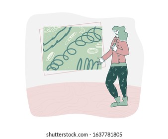 Woman standing with microphone and giving a excursion. Pretty girl with mike in full length standing near abstract art picture. Vector color illustartion.
