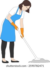 A woman is standing and mopping the floor with a mop, which is difficult.