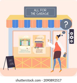 Woman standing near all for garage store. Advertisement of shop with items for place for automobile parking. Working with design of garage doors. Sale and discounts in shed store advertising