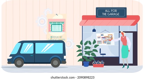 Woman standing near all for garage store. Advertisement of shop with items for place for automobile parking. Working with design of garage doors. Blue van near store with equipment for cars