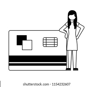 woman standing near big credit card bank