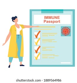 Mujer parada cerca del gran pasaporte de inmunidad. pasaporte de inmunidad COVID-19. pasaporte de la vacuna COVID-19. Coronavirus y otras enfermedades. No hay enfermedad infecciosa Sars 2019 nCoV. Concepto de salud.