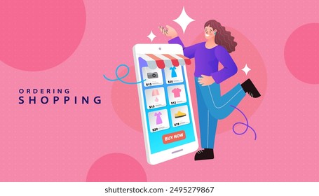 Mujer de pie cerca de un gran teléfono móvil. Escena de la tienda digital de Internet con la gente en las compras. Ilustración publicitaria de comercio electrónico. servicio de entrega en línea rápido. marketing y marketing digital. Vector