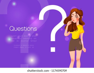 Woman standing near big question symbol and she needs to ask help. Cartoon concept vector illustration of online support on purple background.