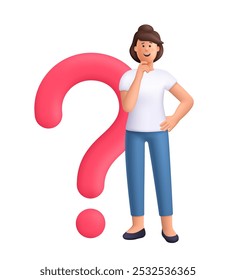 Woman standing near a big question mark and thinking of a solution. Choice, problem solving concept. 3d vector people character. Cartoon minimal style.