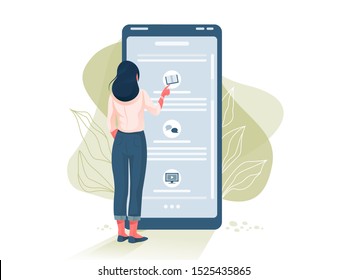 Woman is standing near big smartphone screen and choosing online course. Online education, e-learning, learning foreign languages. Vector illustration isolated on white background