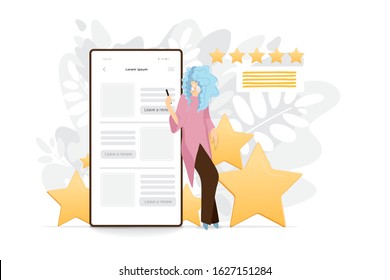 Woman standing near by cell phone, smartphone, giving feedback for servise or product. Flat modern illustration, customer service concept, banner for website or app. Feedback illustration