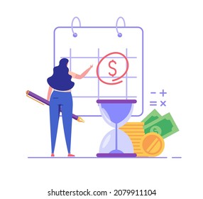 Woman is standing near to a calendar with a due date. Concept of payment date, finance calendar, pay day. Vector illustration in flat design