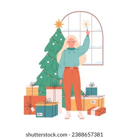 Woman standing near Christmas tree with presents and celebrating Christmas or New Year. Vector illustration in flat style 