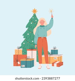 Woman standing near Christmas tree with presents and celebrating Christmas or New Year. Vector illustration in flat style 