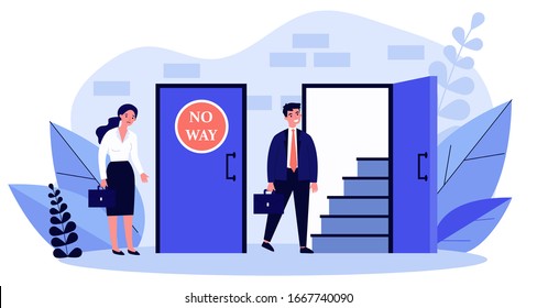 Woman standing near closed door and man going into open one flat vector illustration. Social inequality making obstacles for work and business growth. Social problem and woman discrimination concept