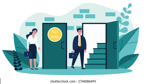 Woman standing near closed door and man going into open one flat vector illustration. Social inequality making obstacles for work and business growth. Social problem and woman discrimination concept