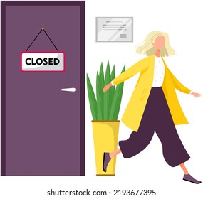 Woman standing near closed door and runs away from it. Firing from work. Job cuts, late for an appointment. Dismissal employee. Fired sad female office worker in hurry to leave. Door is closed plate