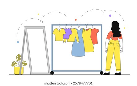 Woman standing near a clothing rack with colorful outfits, next to a mirror and a plant in a pot. Minimalist design on a white background. Fashion concept. Vector illustration.