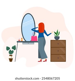 Mujer de pie cerca del espejo de la consola con cosméticos y bolsa y aplicando maquillaje mientras se prepara para el trabajo. Cuidado personal diario, procedimiento higiénico. Ilustración vectorial plana de dibujos animados. 