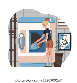 Woman standing near dryer and picks up washed clothes. Washing process in public laundry concept. Dirty clothes cleaning concept. Flat vector illustration in cartoon style